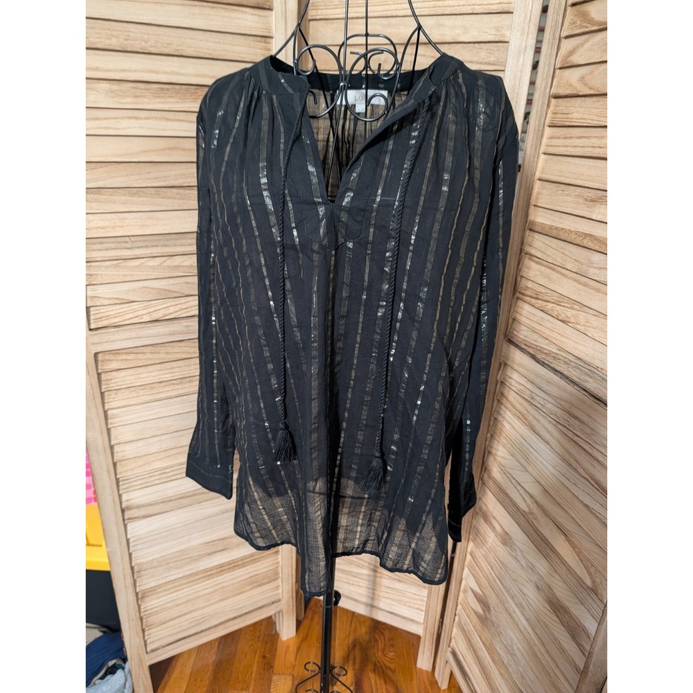 Loft Black Gold Metallic Long Sleeve Tassel Tie Blouse Size Medium